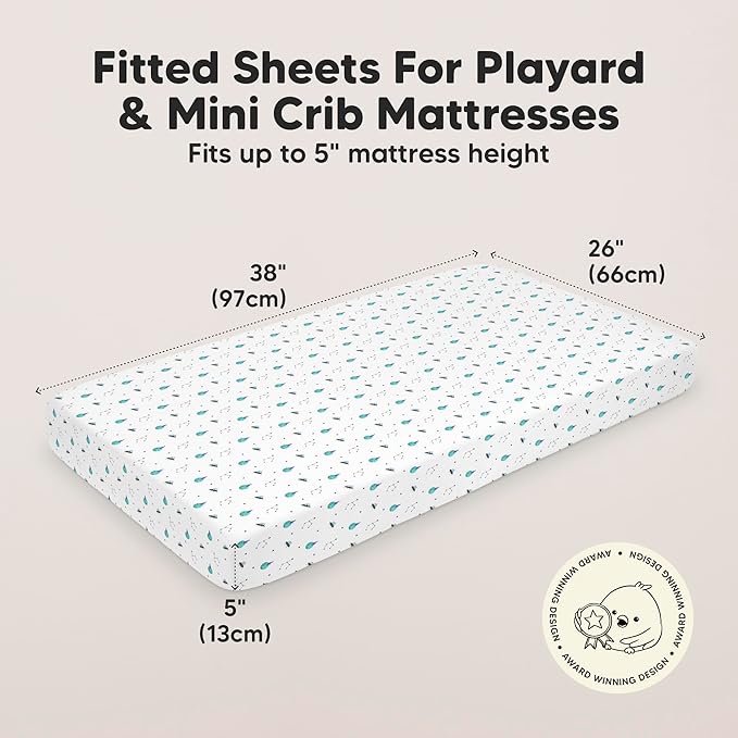 2-Pack Mini Crib Sheets Fitted - 38x26 Pack N Play Sheets for Pack and Play Mattress, Organic Cotton, Soft & Breathable Playard Bedding, Neutral Mini Toddler Bed Cover for Boys, Girls (Space Quest)