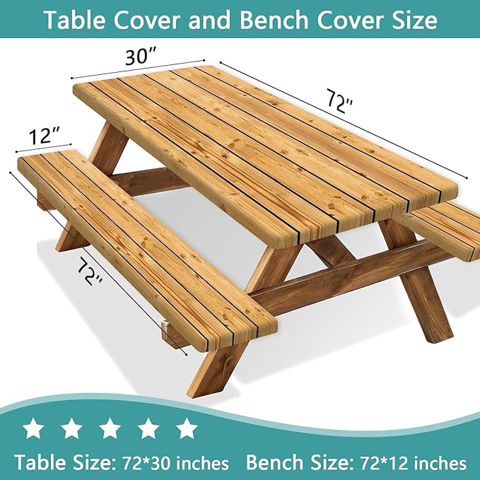 Rustic Brown Wooden Board Picnic Table Cover with Bench Covers, Farmhouse Rural Country Wood Waterproof Tablecloth for Patio Camping Indoor Outdoor Party Decorations with Drawstring Bag, 30X60in, 3PCS