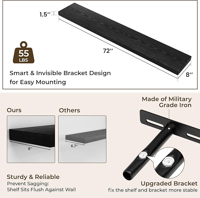 RICHFOCUS 72Inch Floating Shelves for Wall 2 Pack Shelves for Bedroom|Kitchen|Bathroom Wall Mounted Rustic Wood Floating Shelf with Invisible Brackets for Books|Storage|Decor, Black
