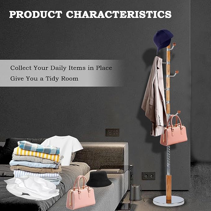 Coat Racks FreeStanding with 11 Hooks, Natural Wood Coat Rack with Solid Round Base, Adjustable Height Coat Racks, Easy Assembly for Hallway, Bedroom and Office (Solid Wood Metal Hook)