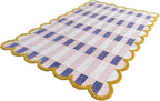 Hand-Tufted Wool Rug with Scalloped Edges, Light Blue Plaid Pattern, Cozy Soft Area Rug for Living Room, Bedroom, and Nursery, Handmade Modern Accent Rug (Pink, 4X7 FEET)