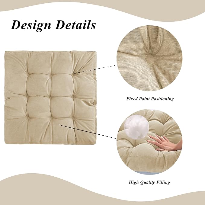Meditation Floor Pillow 22×22 Inch 2 Pack Large Floor Cushions for Adults Square Tufted Corduroy Floor Pillows for Yoga Living Tatami Room Beige