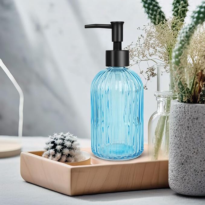 Topsky Stripe Glass Soap Dispenser with Black Plastic Pump, 400ml Liquid Hand Soap Dispenser, Rustproof Pump for Kitchen & Bathroom, Great for Lotions, Essential Oil, Liquid Soaps- (Light Blue)