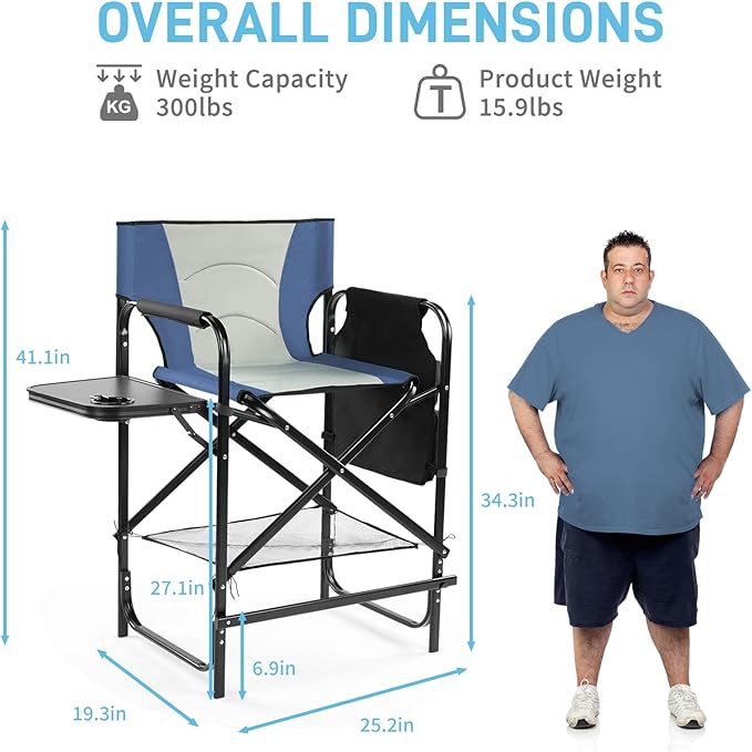 Outvita 2 Piece 26" Tall Directors Chair Height Seat Folding with Side Table Storage Bag, Support for 300Lbs Portable Makeup Artist Chair with Bar Height(Blue/Grey)