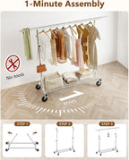 Hoctieon 1-Minute Assembly Clothes Rack, 480 lbs Heavy Duty Rolling Clothing Racks with Wheels, Foldable Garment Rack, Extendable Hanging Bar, Adjustable Metal Pole with Hooks, Chrome