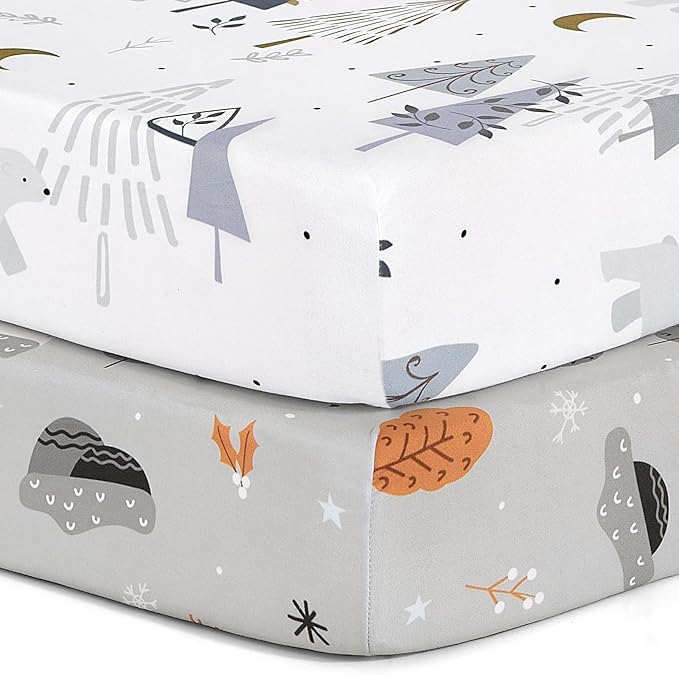 Pack n Play Sheets, BROLEX 2 Pack Mini Crib Sheets,Stretchy Portable Fitted Playard Sheet Set, Convertible Playard Mattress Cover,Ultra Soft Breathable Material,Snowy Forest