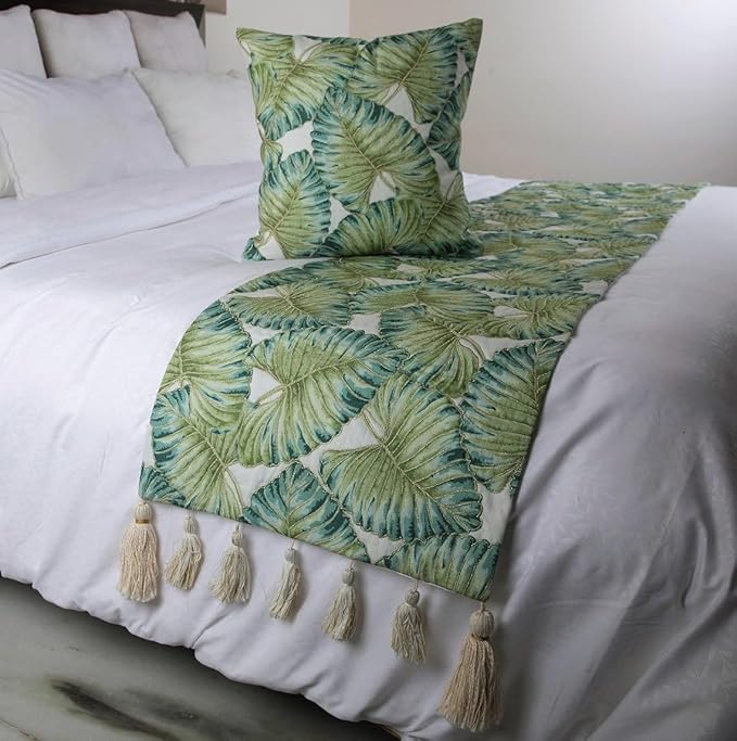 The HomeCentric Decorative Designer Handmade Bed Runner with 2 Decorative Throw Pillow Cover, 68 x 18 Inch Designer Full Size Bed Scarf in Printed Linen & Embroidery Bed Linen - Tropical Feeling