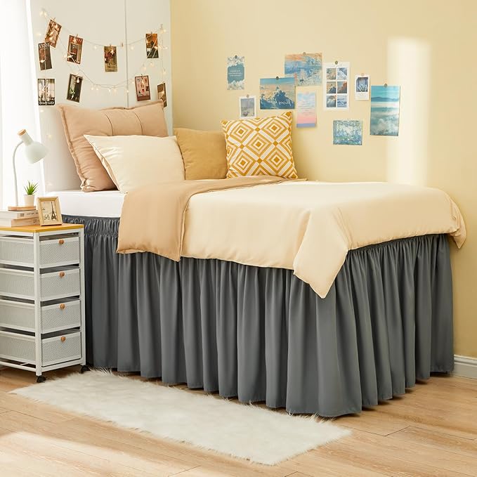 RIMELA Dorm Bed Skirt Twin XL 18 Inch Drop, Extra Long Wrap Around Elastic Bed Skirts Easy to Put On Twin Size Dust Ruffle, Gray Bedskirt for Adjustable Bed Base Solid Silky Fabric Machine Washable