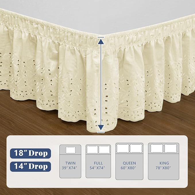 Queen Bed Skirt, Wrap-Around Elastic Ruffled Eyelet Bed Skirt Queen Size Dust Ruffle with Gathered Styling and Embroidered Details, 14" Drop Length (Light Yellow)