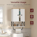 MAHANCRIS Bathroom Wall Cabinet with 2 Door and Adjustable Shelf, Medicine Cabinet with Towel Rack, 3-Tier Wall Mounted Storage Cabinet Over The Toilet for Bathroom Laundry Room, White and Natural