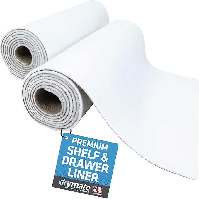 Drymate Premium Luxury Shelf & Drawer Liner, Thick Cushioned Fabric, Non-Adhesive, Absorbent, Waterproof, Slip-Resistant, Liners for Kitchen Cabinets, Cupboards (USA Made)(12”x59”)(2-Pack)(White)