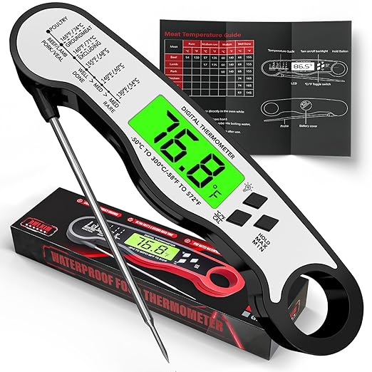 AWLKIM Digital Meat Thermometer with Doneness Chart, 2-Sec Instant Read Food Thermometer for Cooking, Grilling, Oven, Air Fryer - Waterproof Backlit Magnetic Flip Probe, Gift for Men, Dad - Black