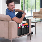 TV Remote Control Holder Couch Caddy, Non-slip Bedside Caddy Organizer with 5 Pockets for Key Glasses Phone Magazine Holders (Black, 35"x12.4")