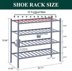 Smiry Bamboo Shoe Rack, 4 Tier Free Standing Wooden Shoe Organizer, Stackable Wood Shoe Storage Shelf for Closet, Entryway, 12 Vertical Slats, 2+2 Stack Standard Legs, 26.8"x11"x26", Grey