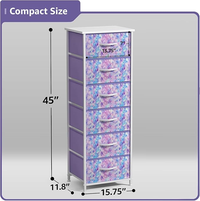 Sorbus Fabric Dresser for Kids Bedroom - Chest of 6 Drawers, Tall Storage Tower, Clothing Organizer, for Closet, for Playroom, for Nursery, Steel Frame, Fabric Bins - Wood Handle (Tie Dye Purple)