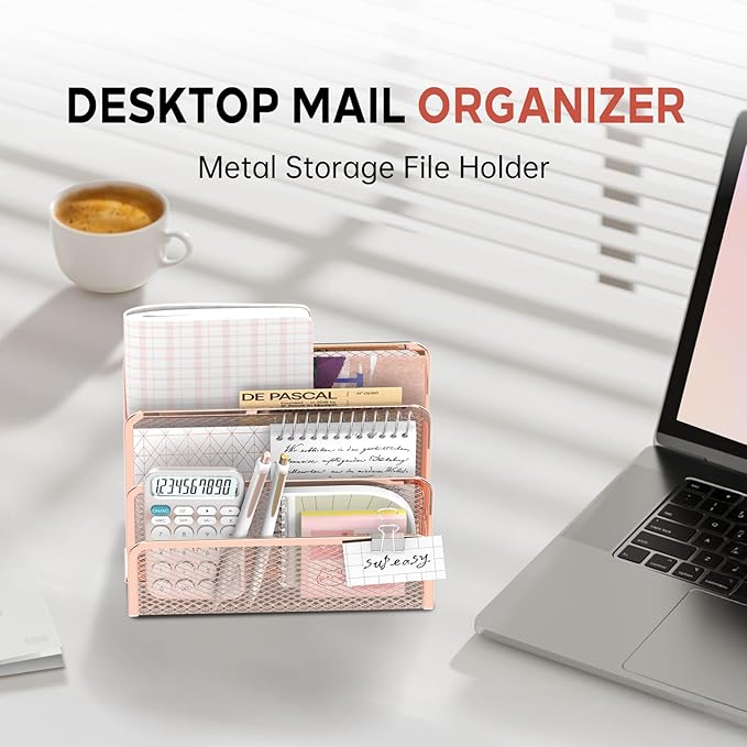 SUPEASY Mail Organizer for Desk, Mesh Metal Mail Holder Countertop with 3-Slot, Letter Sorter File Holder, Office Envelope Organizer for Mails (Rose Gold)