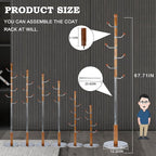 Coat Racks FreeStanding with 11 Hooks, Natural Wood Coat Rack with Solid Round Base, Adjustable Height Coat Racks, Easy Assembly for Hallway, Bedroom and Office (Solid Wood Metal Hook)