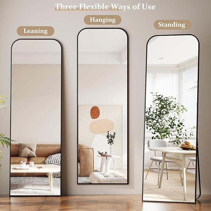 Full Length Mirror 64"x21" Arched Floor Standing Large Mirrors Full Body Mirror with Stand - with Aluminum Frame for Bedroom Living Room, Black