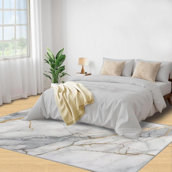 6x9 Abstract Marble Living Room Rug - White-Marble Bedroom Carpet, Modern Luxury Classroom Rug for Carpet Boy Bedroom Office Nursery Hardwood Home Decor