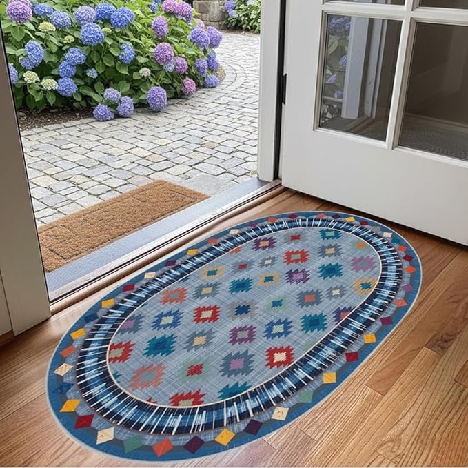 Funky Vintage Blue Red Orange Geometric Texture Indoor Area Rug for Living Room Bedroo Dining Room Faux Wool Soft Low Pile Oval Rugs 10x14 Entrance Nursery Farmhouse Rustic Country Home Office Carpet