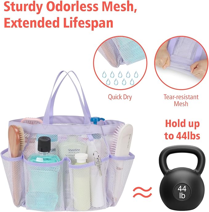F-color Mesh Shower Caddy Portable, Upgrade Deeper 7 Pockets Shower Bag Basket Tote for College Dorm Room Toiletry Bathroom Essentials Gym Camp Quick Dry 2 handles with S Hook, Purple