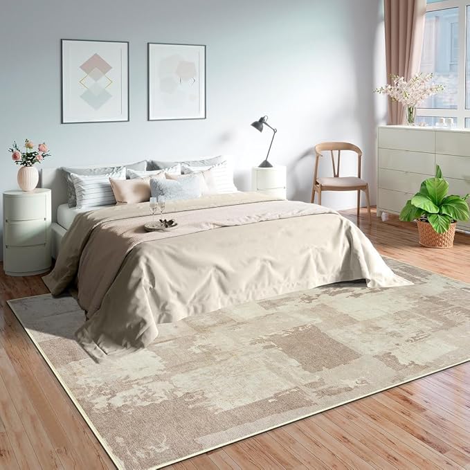 GLN Rugs Contemporary Collection - Machine Washable Area Rug, Contemporary Washable, Non Slip, Low Pile Chenille Rug, Living Room, Bedroom, Kitchen Rug (9' x 12' Abstract Tan)