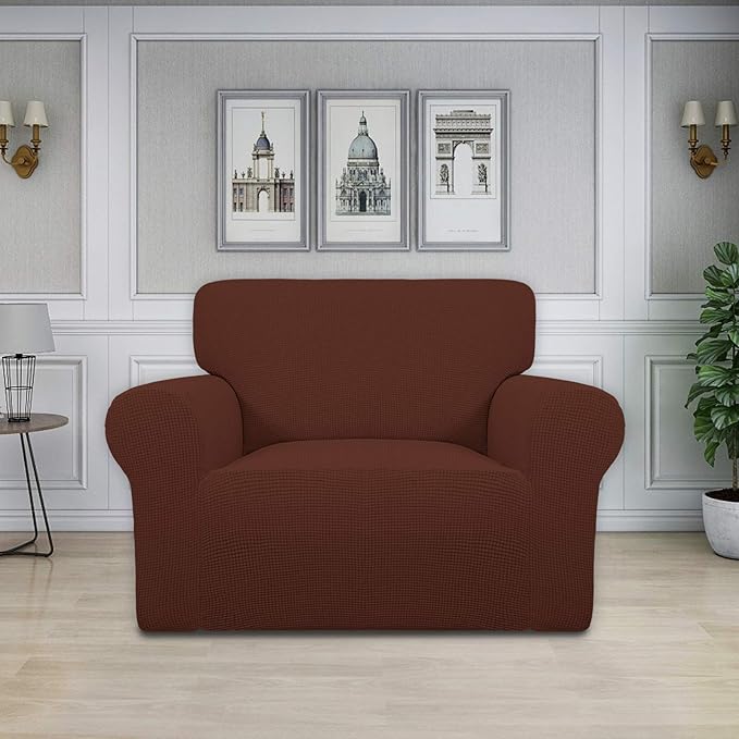 Easy-Going Stretch Oversized Chair Sofa Slipcover 1-Piece Couch Sofa Cover Furniture Protector Soft with Elastic Bottom for Kids Spandex Jacquard Fabric Small Checks Coffee