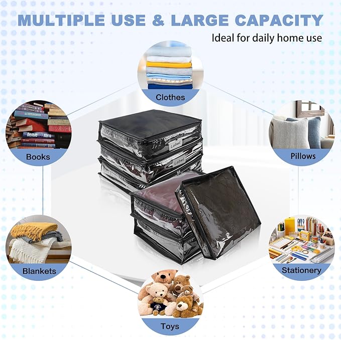 Clear Zippered Storage Bags Plastic Sweater Storage Bags with Zipper 6 Packs Clothing Organizer for Blankets Linen Sweater Bed Sheet Quilt Clothes Pillow (10.5 x 10.5 x 2.5 Inch, Black)