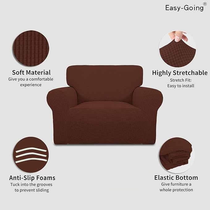 Easy-Going Stretch Oversized Chair Sofa Slipcover 1-Piece Couch Sofa Cover Furniture Protector Soft with Elastic Bottom for Kids Spandex Jacquard Fabric Small Checks Coffee