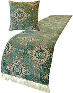 The HomeCentric King/Queen/Twin Teal Decorative King 90"x18" Bed Runner with Pillow Cover, Art Deco, Floral, Tassels & Velvet Bed Scarf on Velvet Fabric - Ahmet