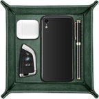 SITHON Valet Tray Desktop Storage Organizer – Premium PU Leather Catchall Bedside Vanity Tray Nightstand Caddy Holder for Keys, Phone, Wallet, Coin, Valentine's Day Gift, Dark Green