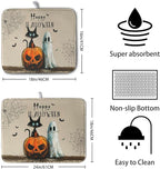 Happy Halloween Dish Drying Mat for Dishs 18x24 Inch Halloween Pumpkin Ghost Black Cat Kitchen Drying Mat Spooky Spiderweb Holiday Dish Drainer Mat Super Absorbent Dish Rack Pad for Coffee Bar Sinks