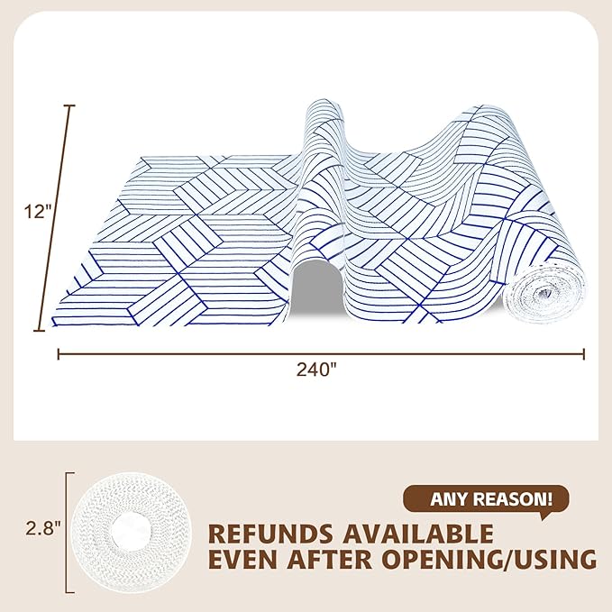 Shelf Liners for Kitchen Cabinets 17.3in x 20FT, Non Adhesive Cabinet Liner Strong Non-Slip White and Blue Geometric Drawer Liner, Easy to Clean for Shelf, Cabinet with Knife and Tape Measure