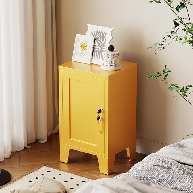 ALBAD Metal Nightstand with Lockable Cabinet, Compact Mini Locker Bedside Table
