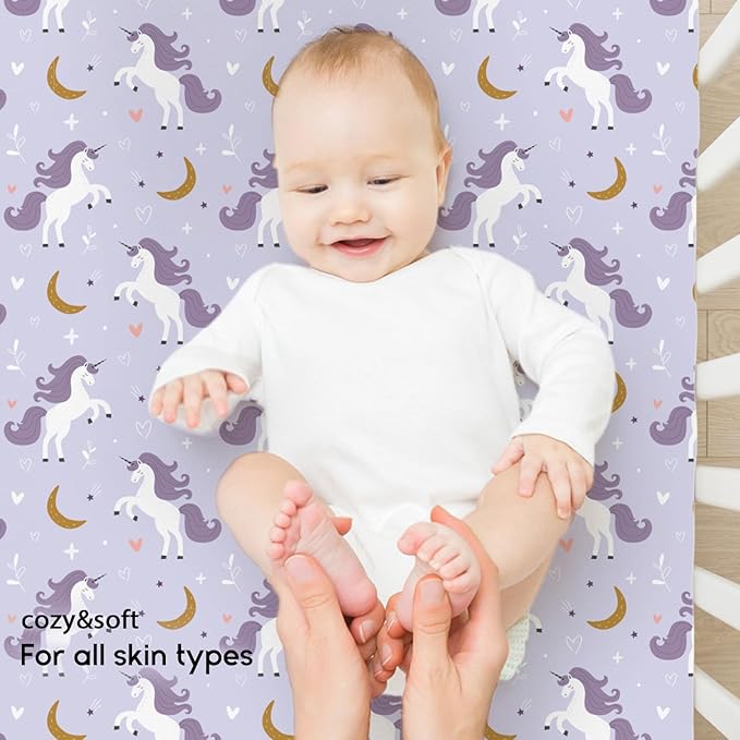 Yoofoss Pack and Play Sheets Fitted, Mini Crib Sheets 2-Pack for Pack N Play Mattress, Stretchy Playard Sheet, Soft and Breathable (Purple+Unicorn)