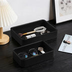 Desk Organizer Tray, PU Leather Nightstand Organizer Perfume Valet Tray for Men Women, Decorative Vanity Trays Trinket Dish Key Bowl for Entryway Table (2pcs, Black, Large+Small)