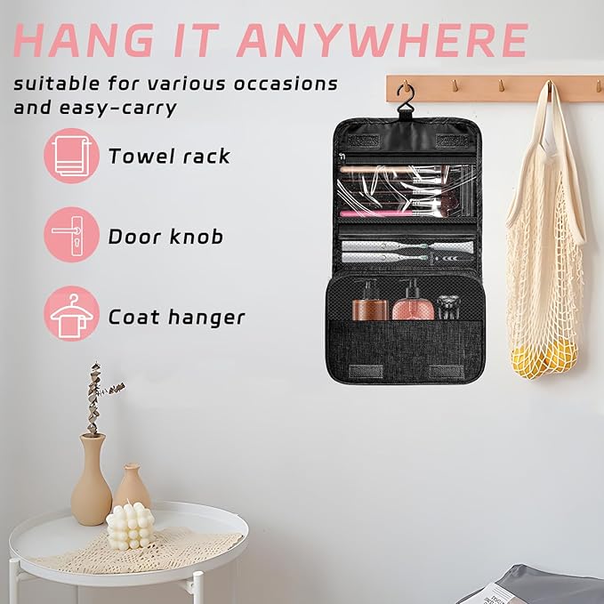 Toiletry Bag Travel Bag with Hanging Hook, Waterproof Capacity Hanging Multifunctional Makeup Bag for Toiletries, Portable Cosmetic Bag Travel Organizer for Women and Men(Black)