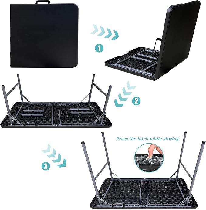 4FT Plastic Folding Table - Lightweight & Portable for Camping, Picnic, Card Games - Indoor Outdoor Foldable Dining & Utility Table(Black)