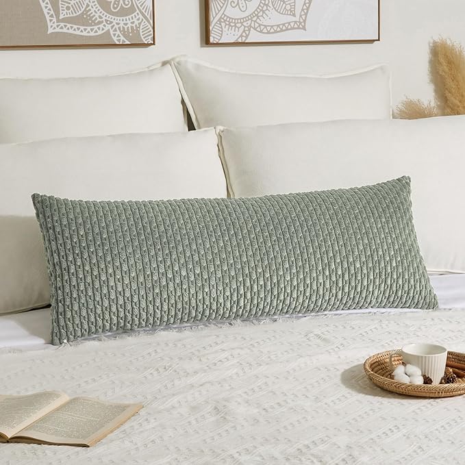 Kevin Textile 20x54 Inch Long Body Lumbar 1 Pack Boho Decorative Throw Pillow Cover Soft Striped Corduroy Rectangle Cushion Case Farmhouse Accent for Living Room Couch Sofa Bed, Greyish Green