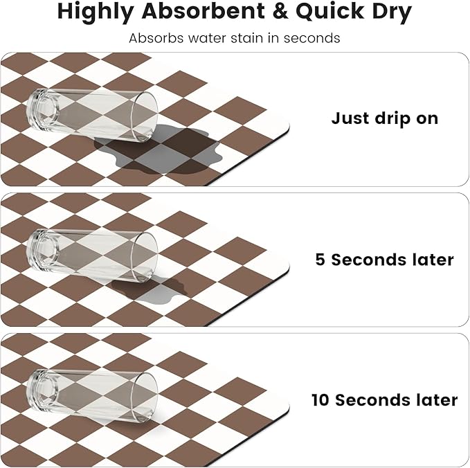 16" x 24" Checkered Dish Drying Mat for Kitchen Counter, Absorbent Coffee Bar Mat for Espresso Machine Coffee Countertops Accessories, Coffee Brown