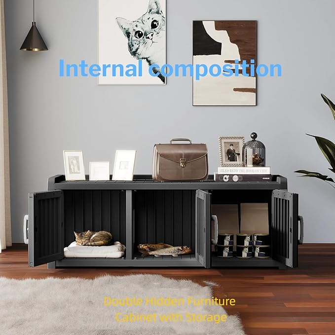 3 Doors Shoe Storage Bench - 2 Side Door Hidden Furniture Cabinet with Storage, Waterproof Entryway Bench with Seat for Indoor Outdoor, End of Bed Footrest Stool for Bedroom, Hallway, Black