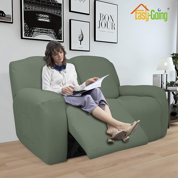 Easy-Going 6 Pieces Recliner Loveseat Stretch Sofa Slipcover Sofa Cover Furniture Protector Couch Soft with Elastic Bottom Kids, Spandex Jacquard Fabric Small Checks Greyish Green