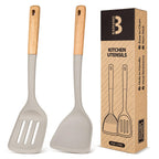 Silicone Wok Spatula Turner Set, Perfect for Scooping, Flipping, Lifting Pancakes and Picking up Veggies, BPA-Free Matte Silicone, Wooden Handles, Safe for Nonstick Cooking Surfaces (Grey)