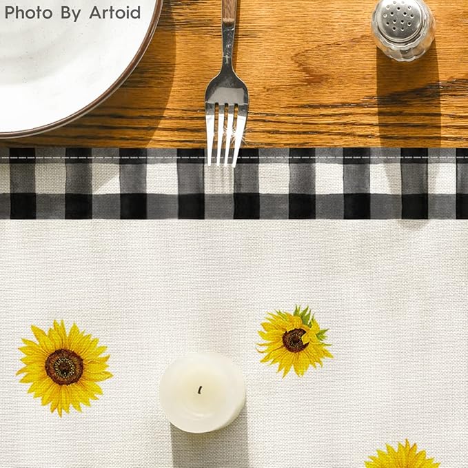 Artoid Mode Buffalo Plaid Sunflower Sunshine Vase Summer Table Runner, Spring Kitchen Dining Table Decoration for Home Party Decor 13x36 Inch