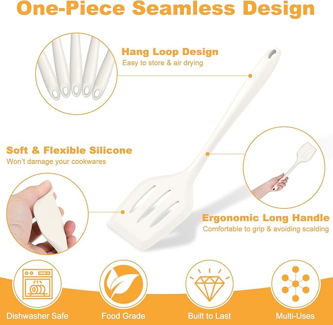 TeamFar Silicone Cooking Utensils Set, 7-Piece Heat Proof Kitchen Utensils Set, Kitchen Tools Spatula Turner Ladle Spoon Pasta Fork for Nonstick Cookware, Non-Toxic & Dishwasher Safe, White