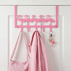 AceOrbit Pink Flamingos Over the Door Hooks Hanger Wall Mount Towel Hanger Door Holder Organizer 5 Hooks Farmhouse Rustic Kawaii Decor for Bedroom Bathroom Towel Hat Clothes