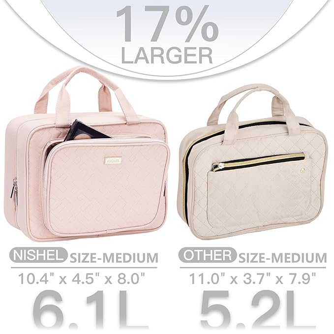 NISHEL Travel Toiletry Bag for Women, Makeup Essentials Organizer, Hanging Case for Accessories, Cosmetics, Medium Size, Pink