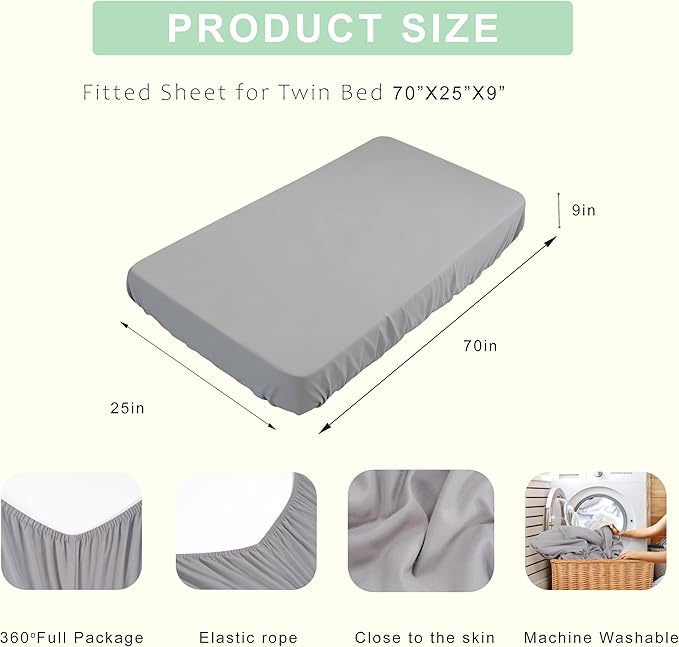 Fitted Sheets 25x70 Inches, 1 Pack Super Soft Microfiber Cot Size Sheet Set for Narrow Twin, Camp Bunk, RV Bed, Army Cot & Trifold Mattress, Breathable Bottom Bed Cover, Light Grey