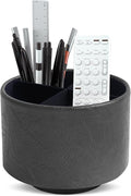 Round Leather Art Supply Organizer,Remote Control Holder,360 Degree Spinning,Multi-Functional Pencil Holder,4 Compartments Desktop Stationary Organizer(1-Crazy Black)