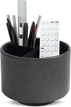 Round Leather Art Supply Organizer,Remote Control Holder,360 Degree Spinning,Multi-Functional Pencil Holder,4 Compartments Desktop Stationary Organizer(1-Crazy Black)